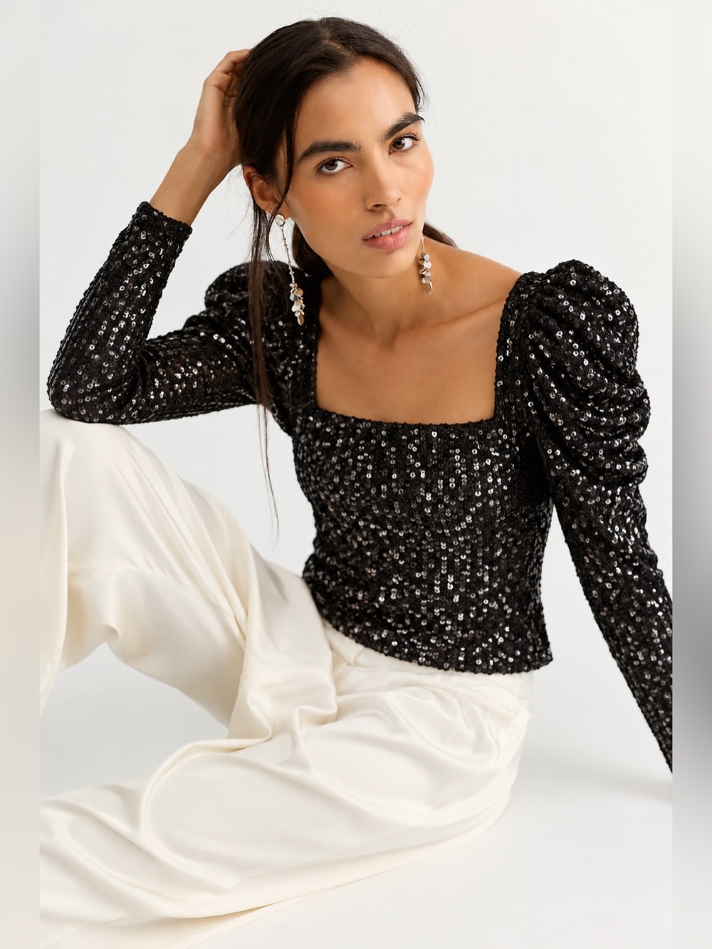 Ramy Brook Hazel Black Sequin Square Neck Puff Sleeve Designer Luxury Top NWT, S - Picture 3 of 16